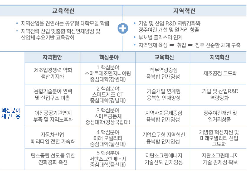 지역산업 맞춤형 인재 양성 및 산업혁신 기반강화 교육혁신, 지역혁신, 핵심분야 세부내용